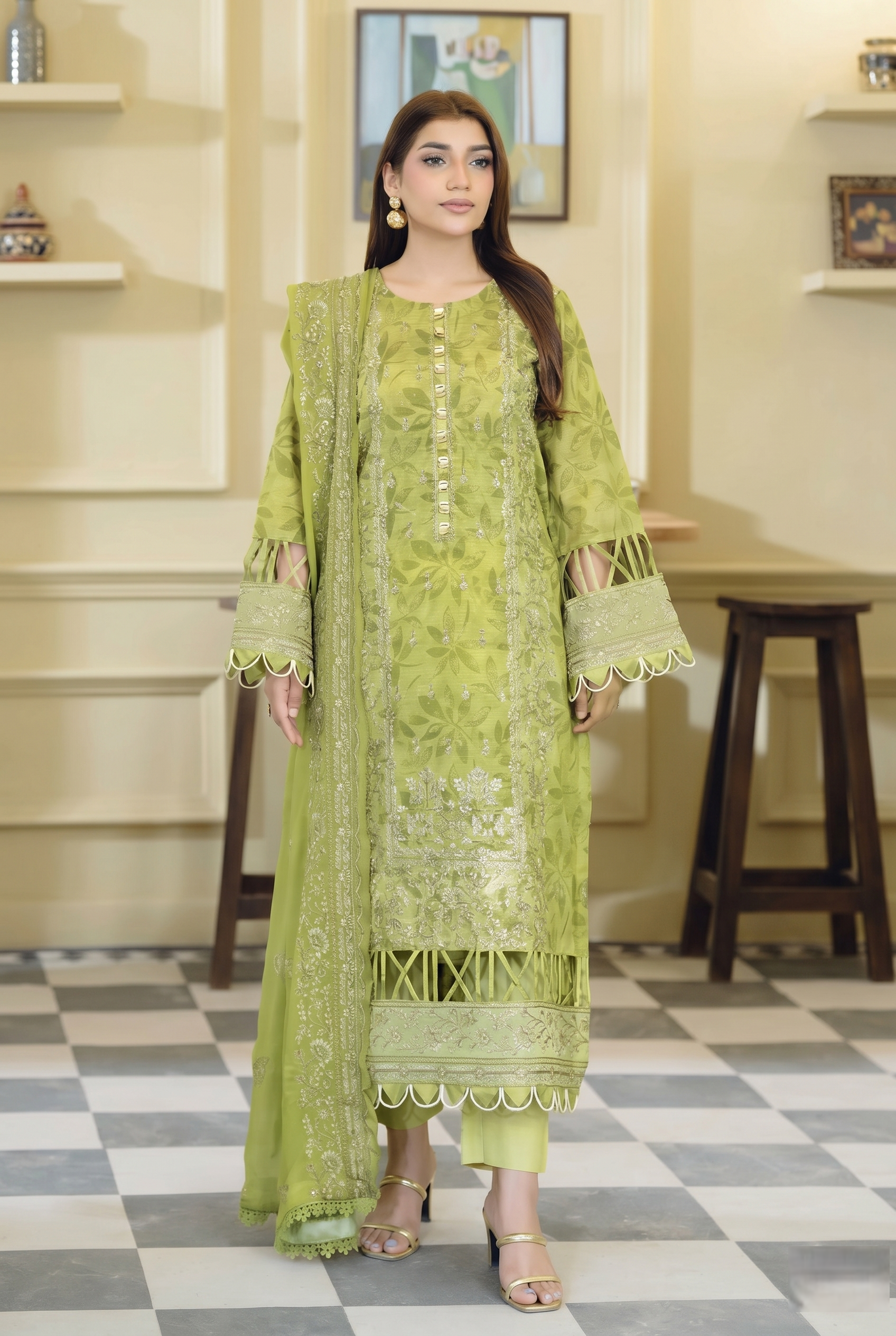 Lala Zar By Johra Unstitch Embroidered-3PC-Lawn-Lime green