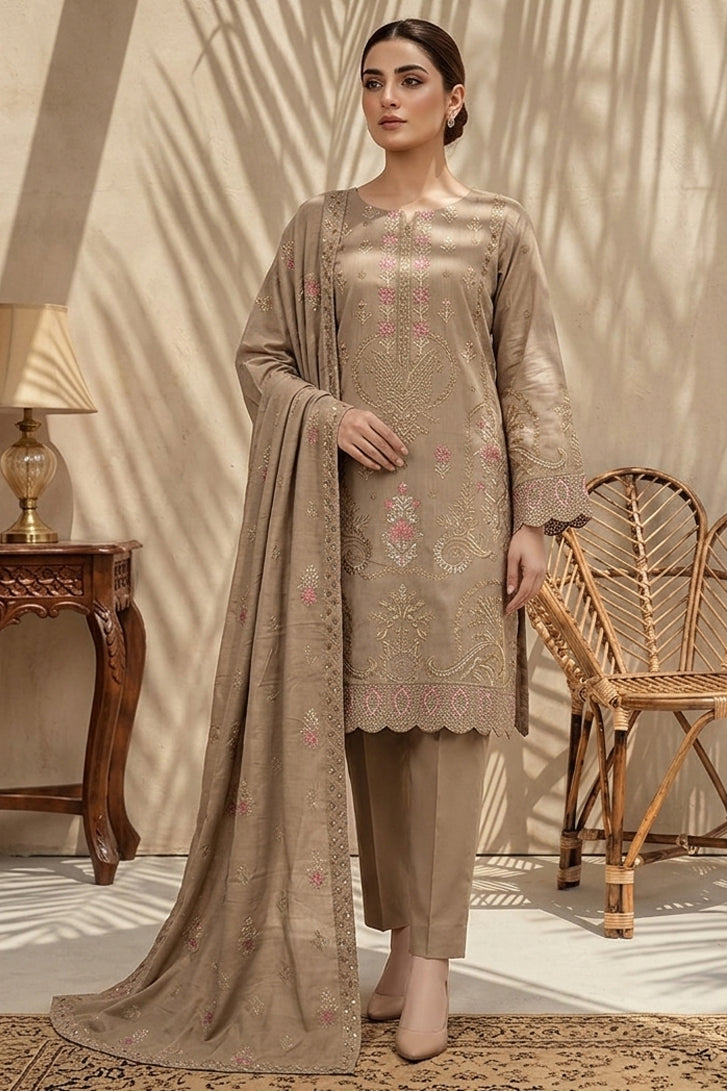 Kiran by Breeza Fashion - 3PC Unstitched Embroidered Lawn Suit (Beige)