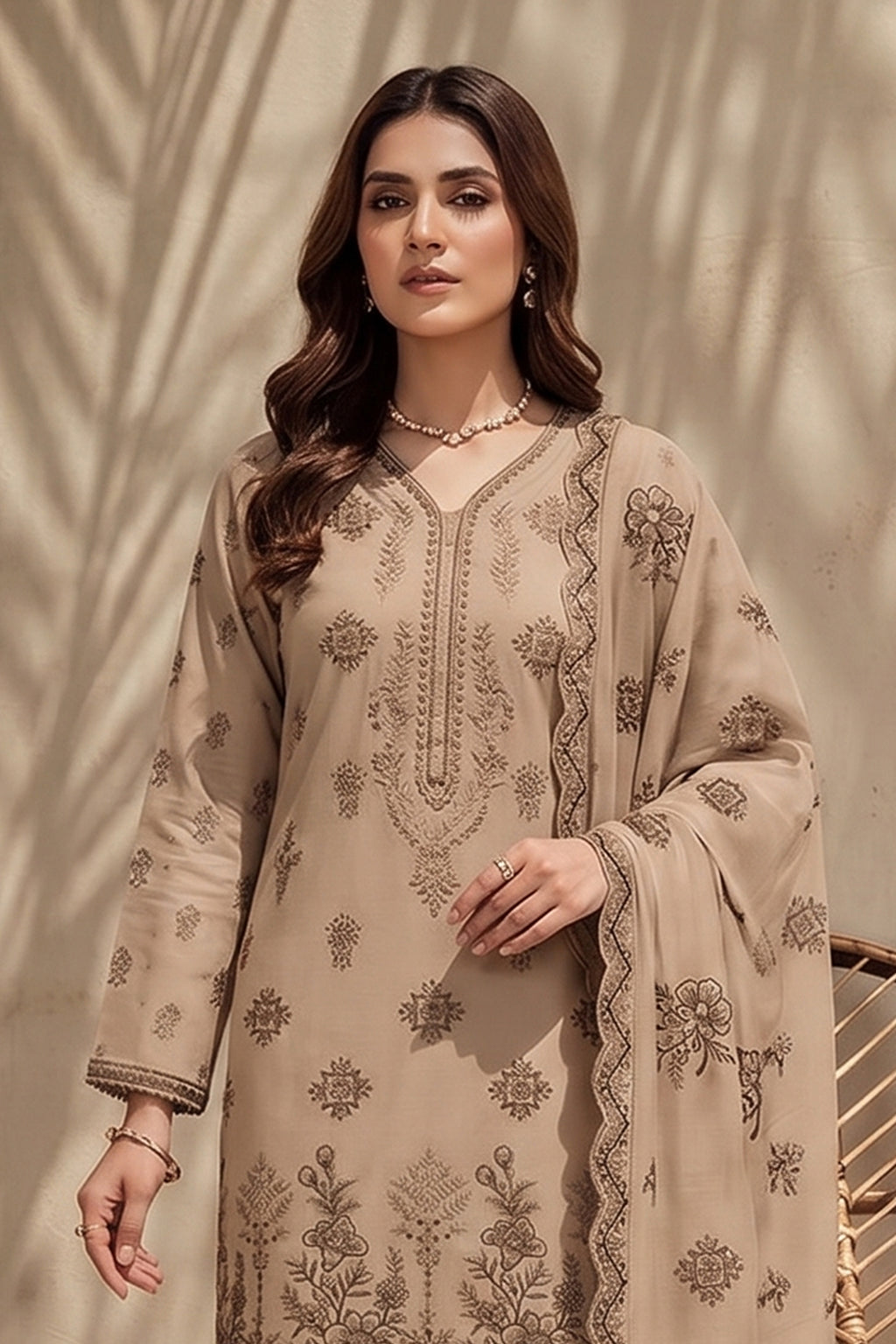 Halima by Breeza Fashion - 3PC Unstitched Embroidered Lawn Suit (Light Brown)