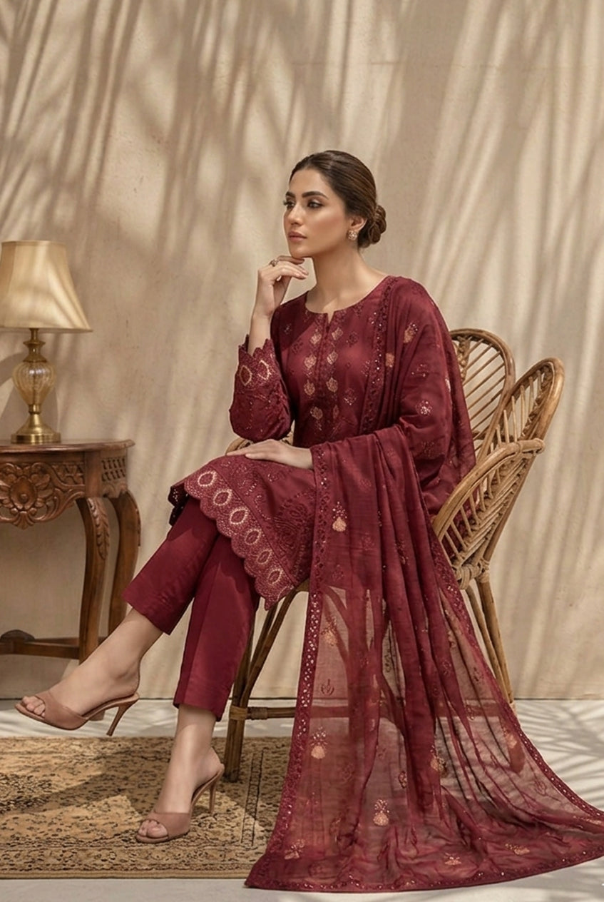 Kiran by Breeza Fashion - 3PC Unstitched Embroidered Lawn Suit (Red)