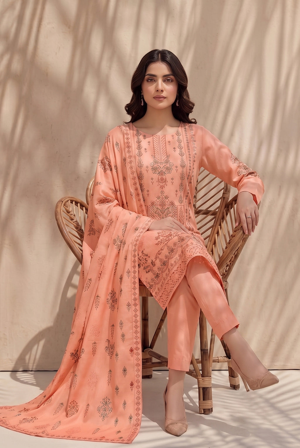 Jasmine by Breeza Fashion - 3PC Unstitched Embroidered Lawn Suit (Peach)