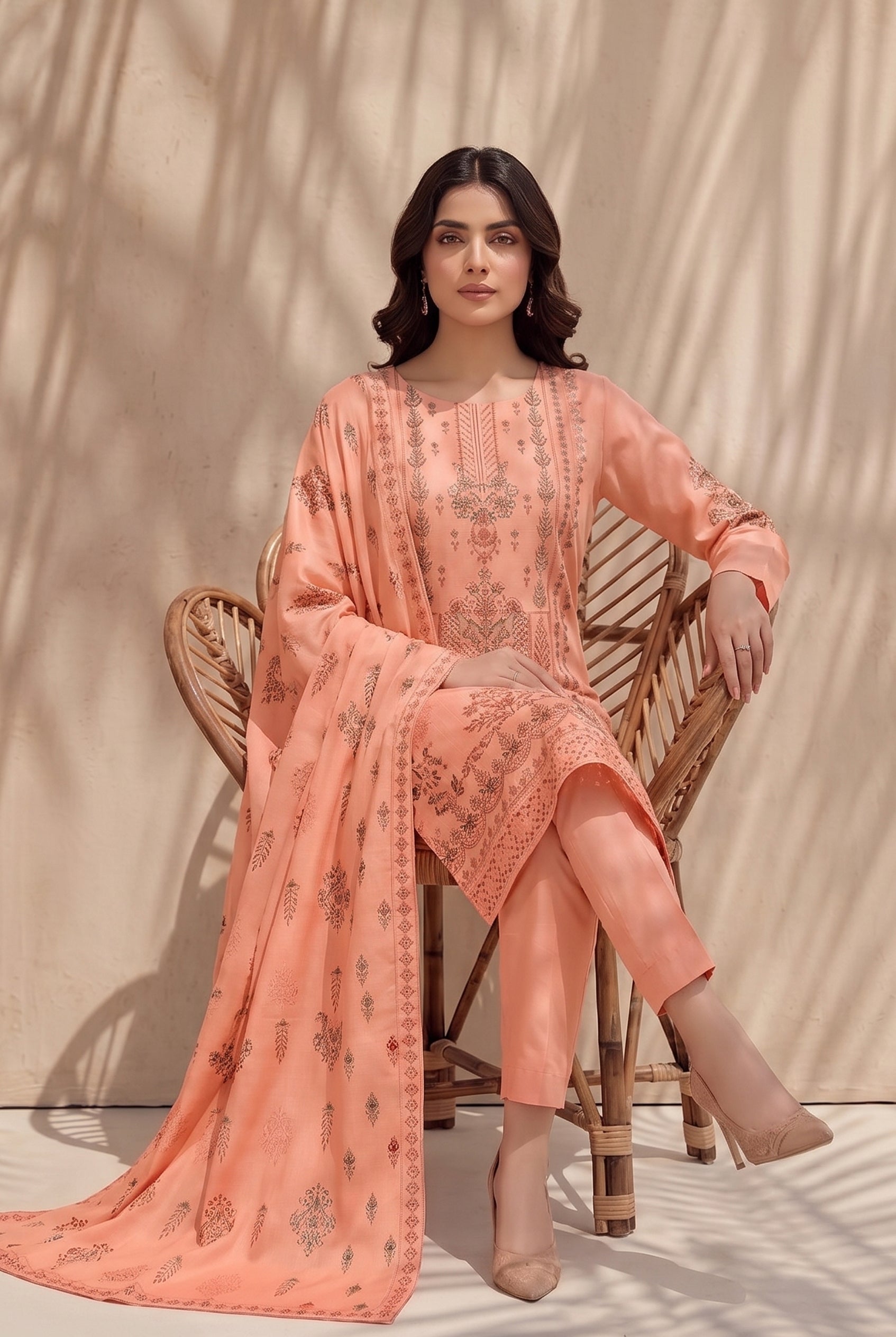Jasmine by Breeza Fashion - 3PC Unstitched Embroidered Lawn Suit (Peach)