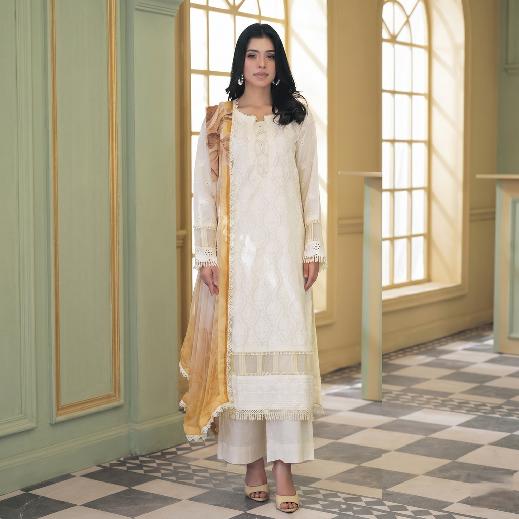 Dhagakari By Johra 3PC- Unstitch Embroidered Suit (Off White)