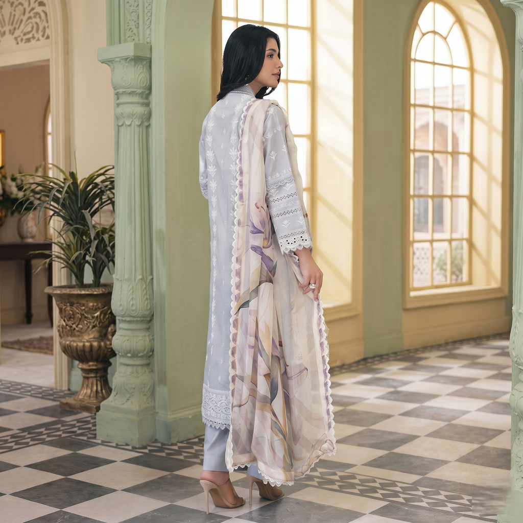 Dhagakari By Johra 3PC- Unstitch Embroidered Suit (Sliver)