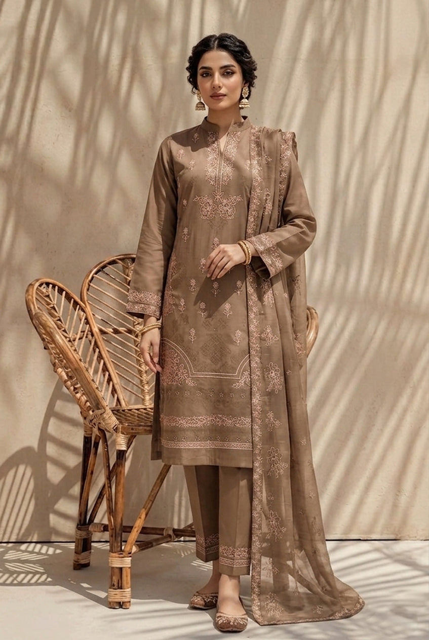 Kinza by Breeza Fashion - 3PC Unstitched Embroidered Lawn Suit (Brown)