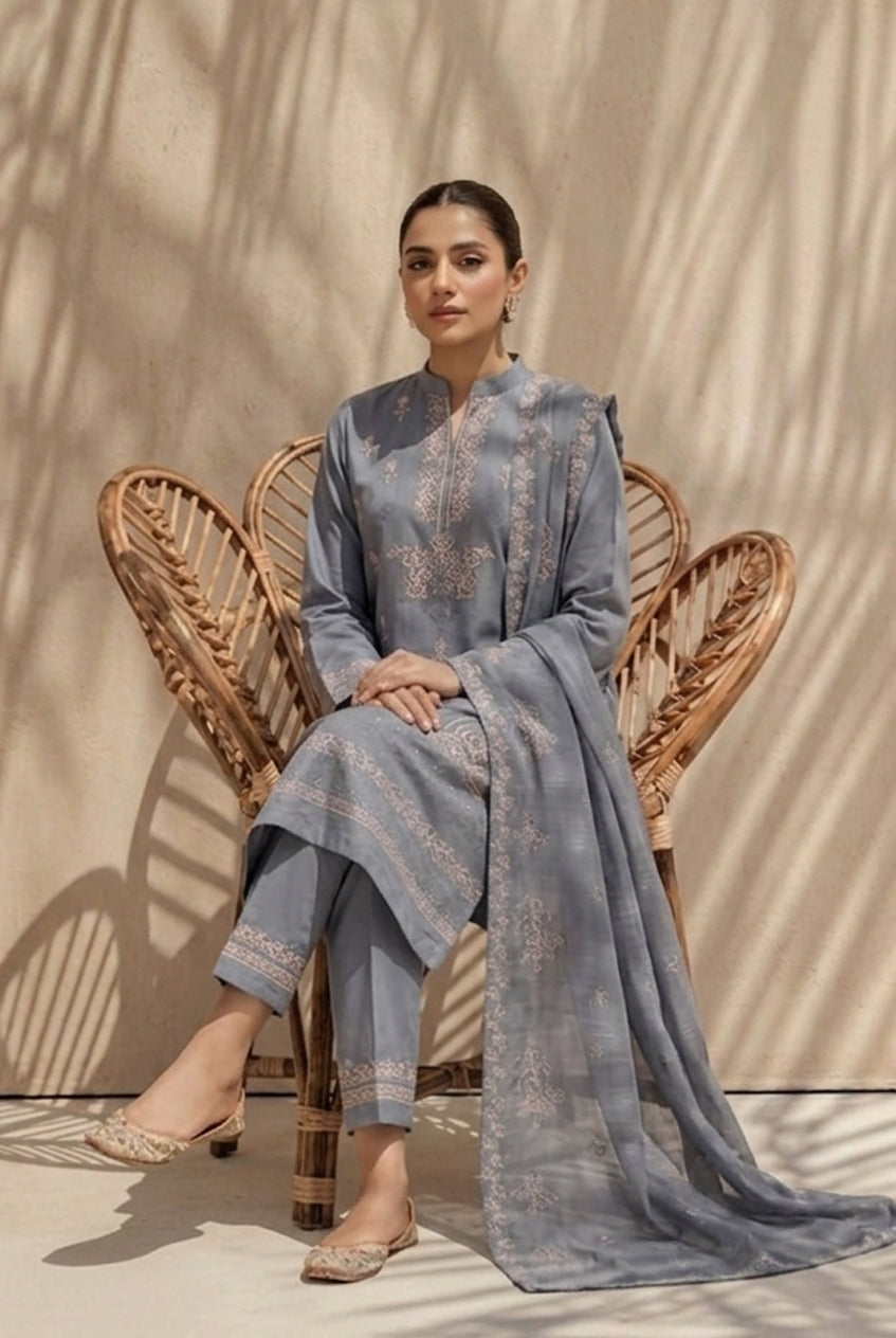 Kinza by Breeza Fashion - 3PC Unstitched Embroidered Lawn Suit (Gray)