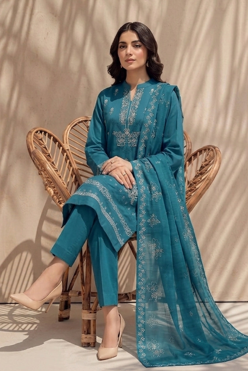 Kinza by Breeza Fashion - 3PC Unstitched Embroidered Lawn Suit (Teal Blue)