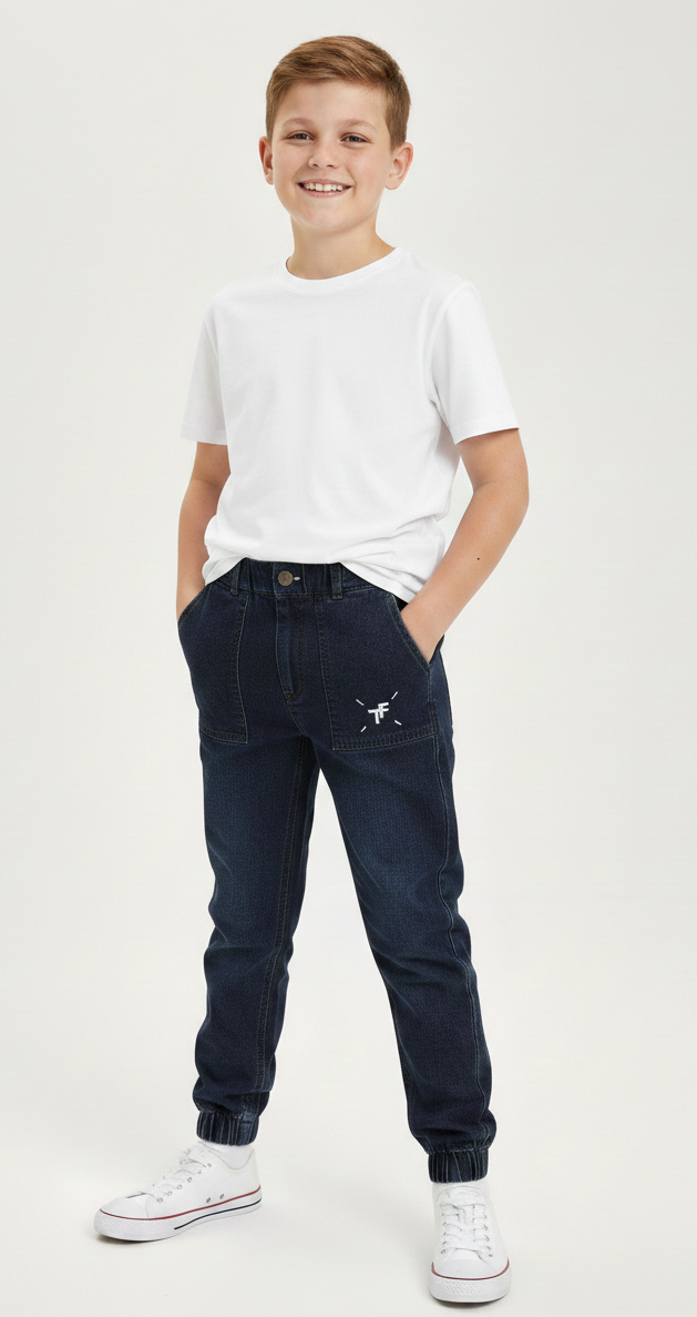 Young boy wearing a white t-shirt and dark jeans on a white background