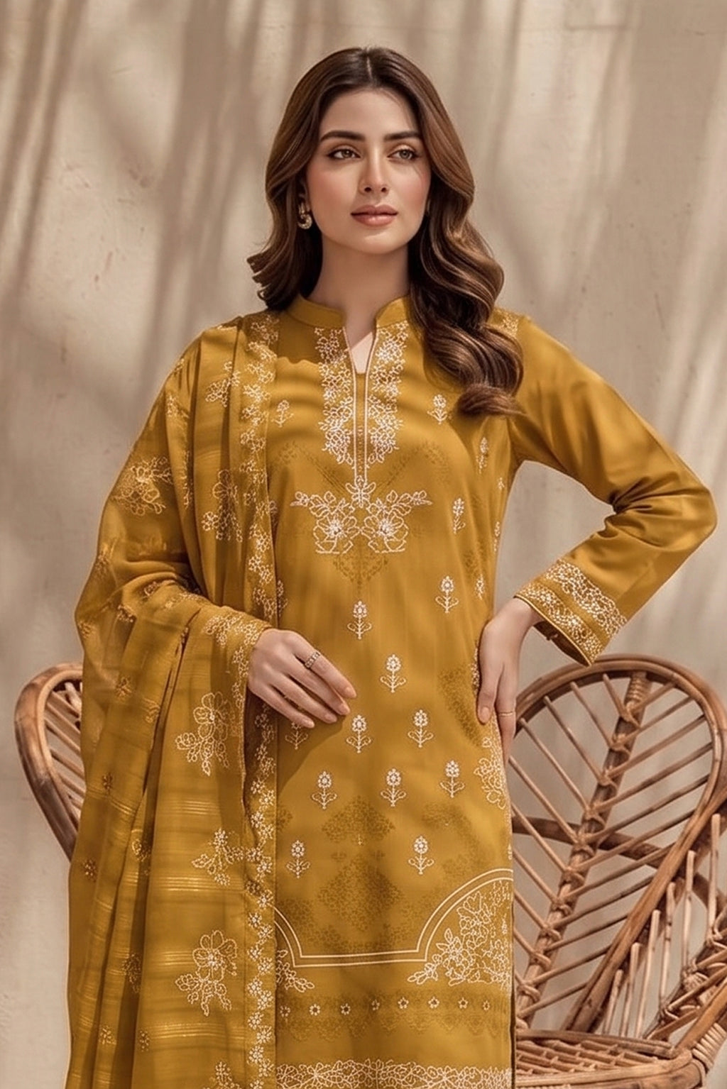 Kinza by Breeza Fashion - 3PC Unstitched Embroidered Lawn Suit (Mustard)