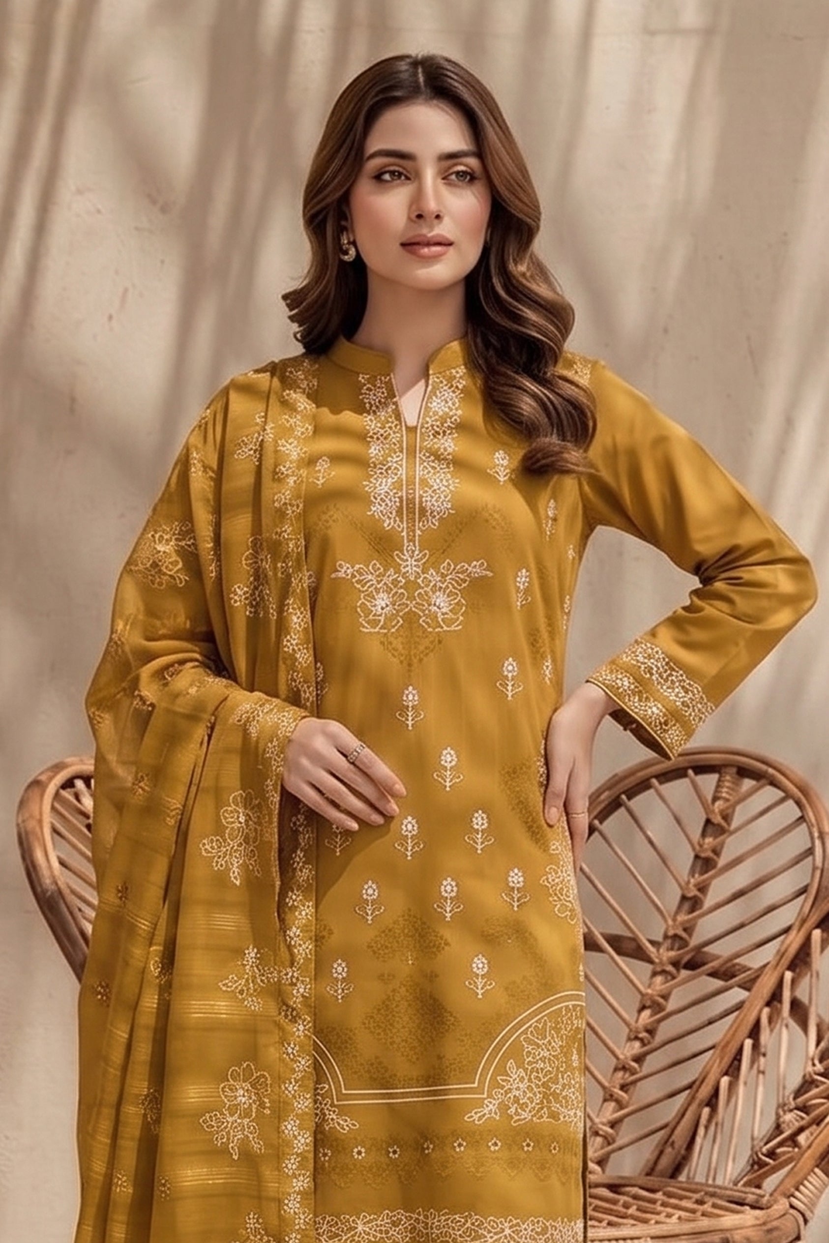 Kinza by Breeza Fashion - 3PC Unstitched Embroidered Lawn Suit (Mustard)