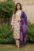 Ideas By Gul Ahmed Pret 3-Piece lawn Stitched Suit (White&purple)