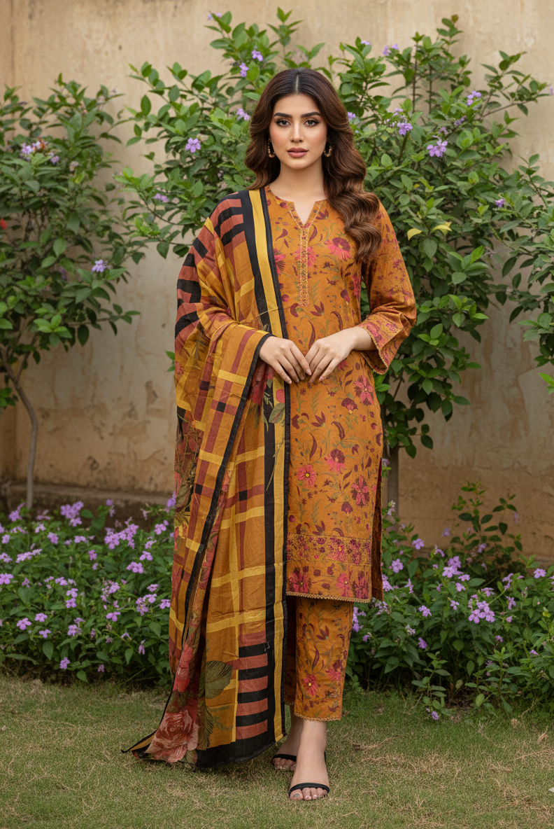 Woman in a traditional outfit standing in a garden with greenery and flowers.