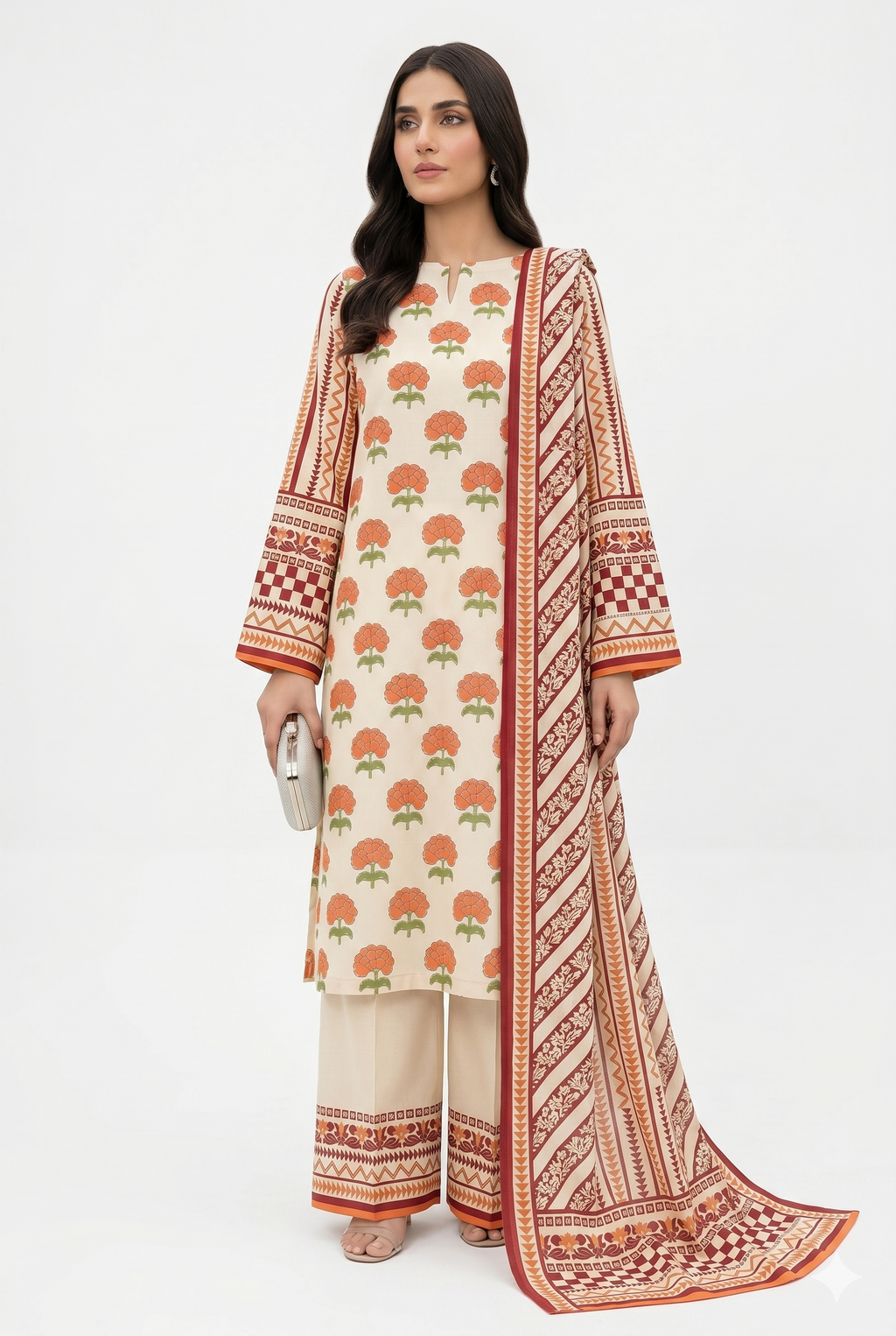 Keyseria By Jaffrani-3PC Unstitch Lawn Chapter-7 (Orange&Cream)