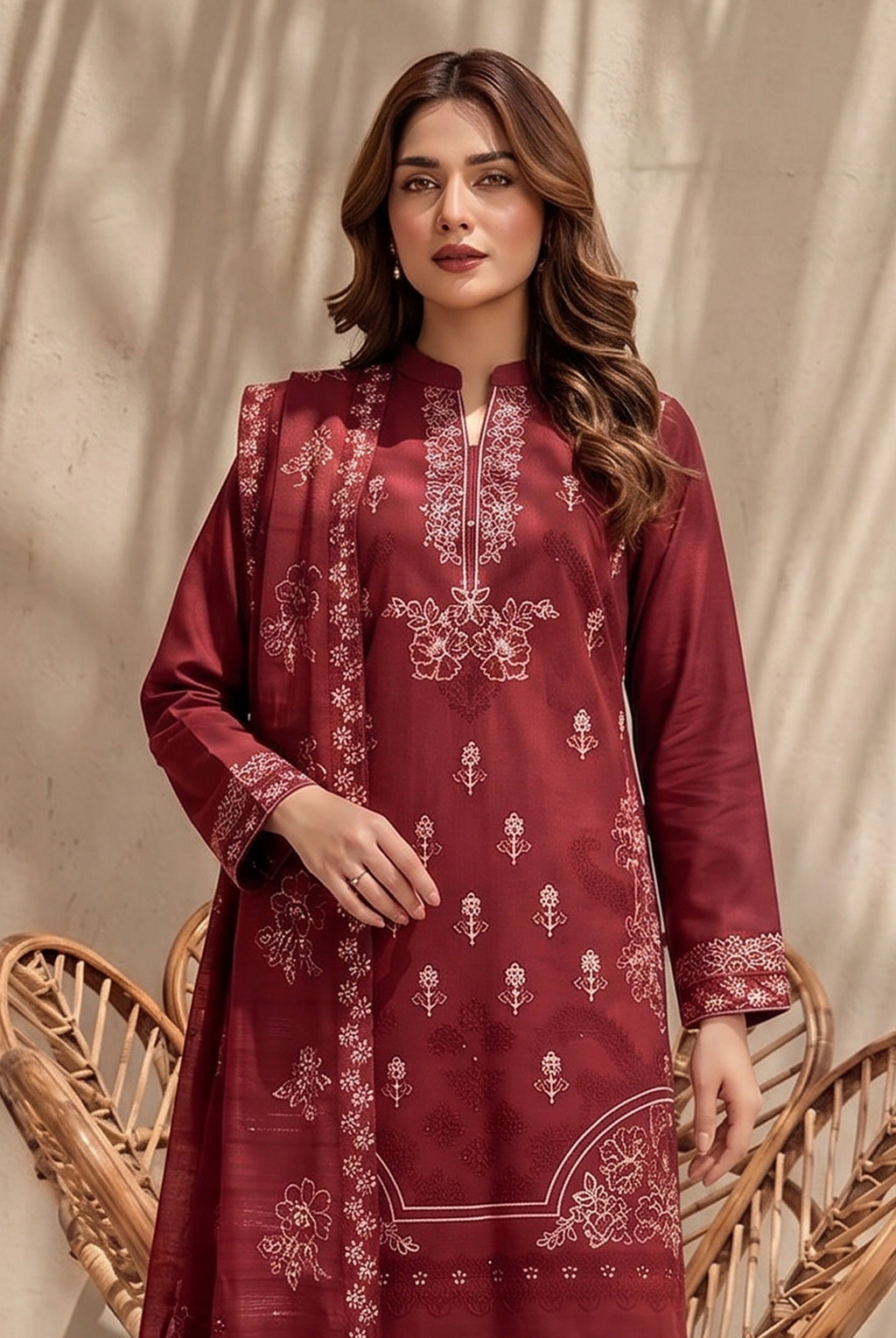 Kinza by Breeza Fashion - 3PC Unstitched Embroidered Lawn Suit (Maroon)