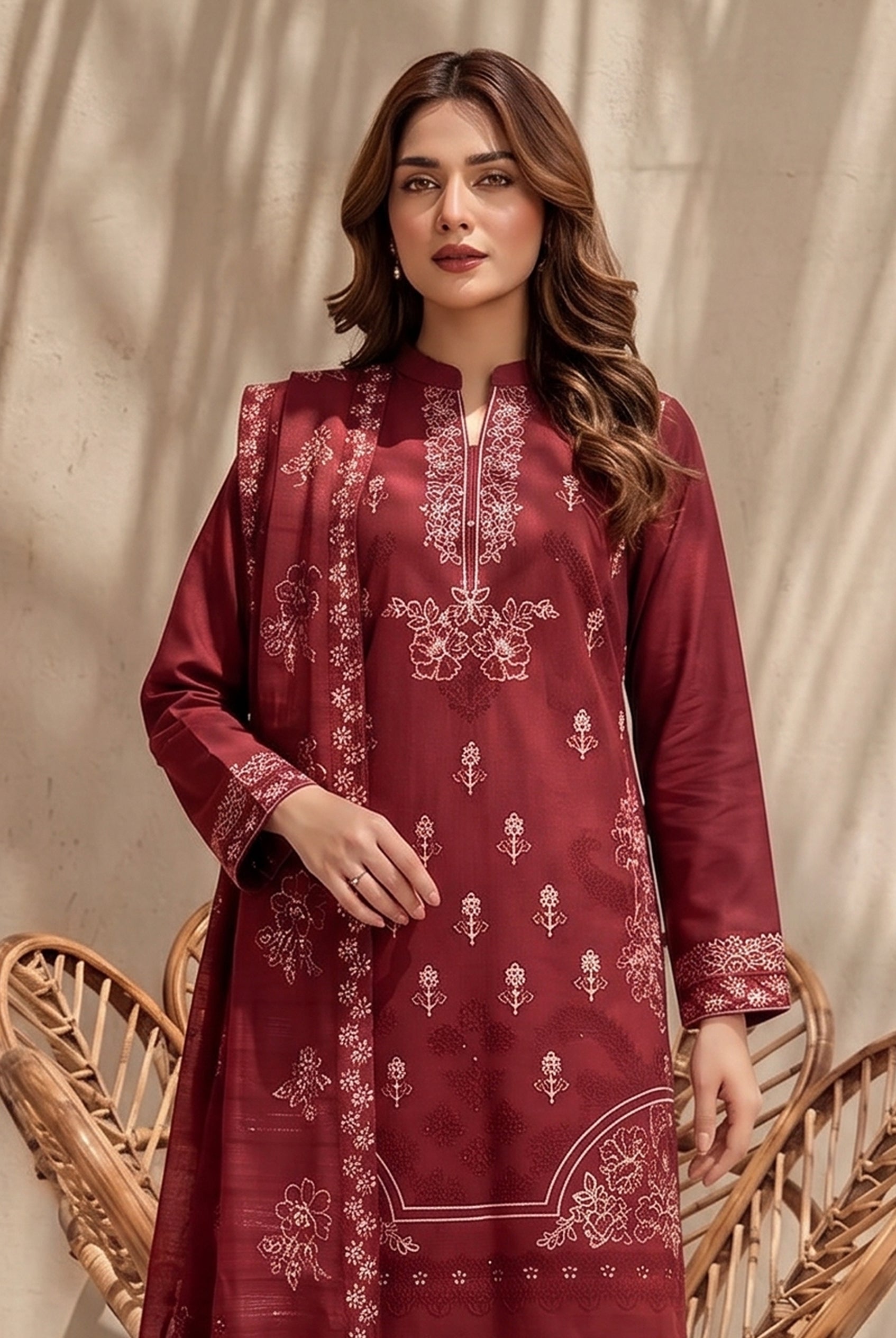Kinza by Breeza Fashion - 3PC Unstitched Embroidered Lawn Suit (Maroon)