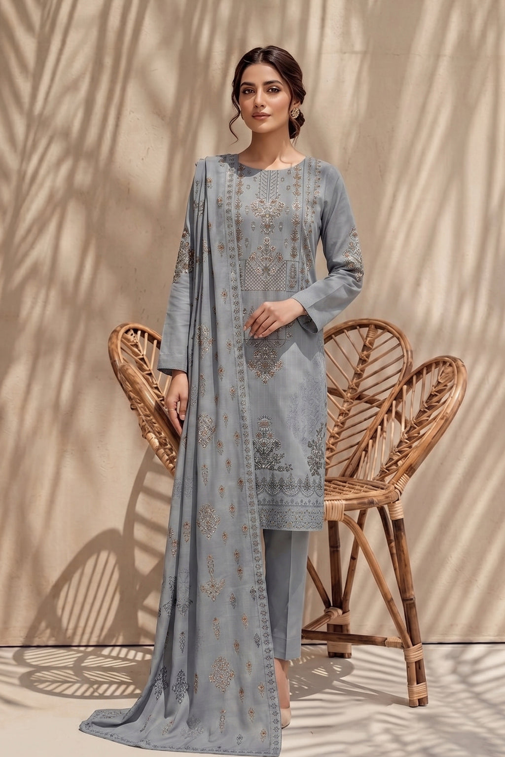 Jasmine by Breeza Fashion - 3PC Unstitched Embroidered Lawn Suit (Gray)