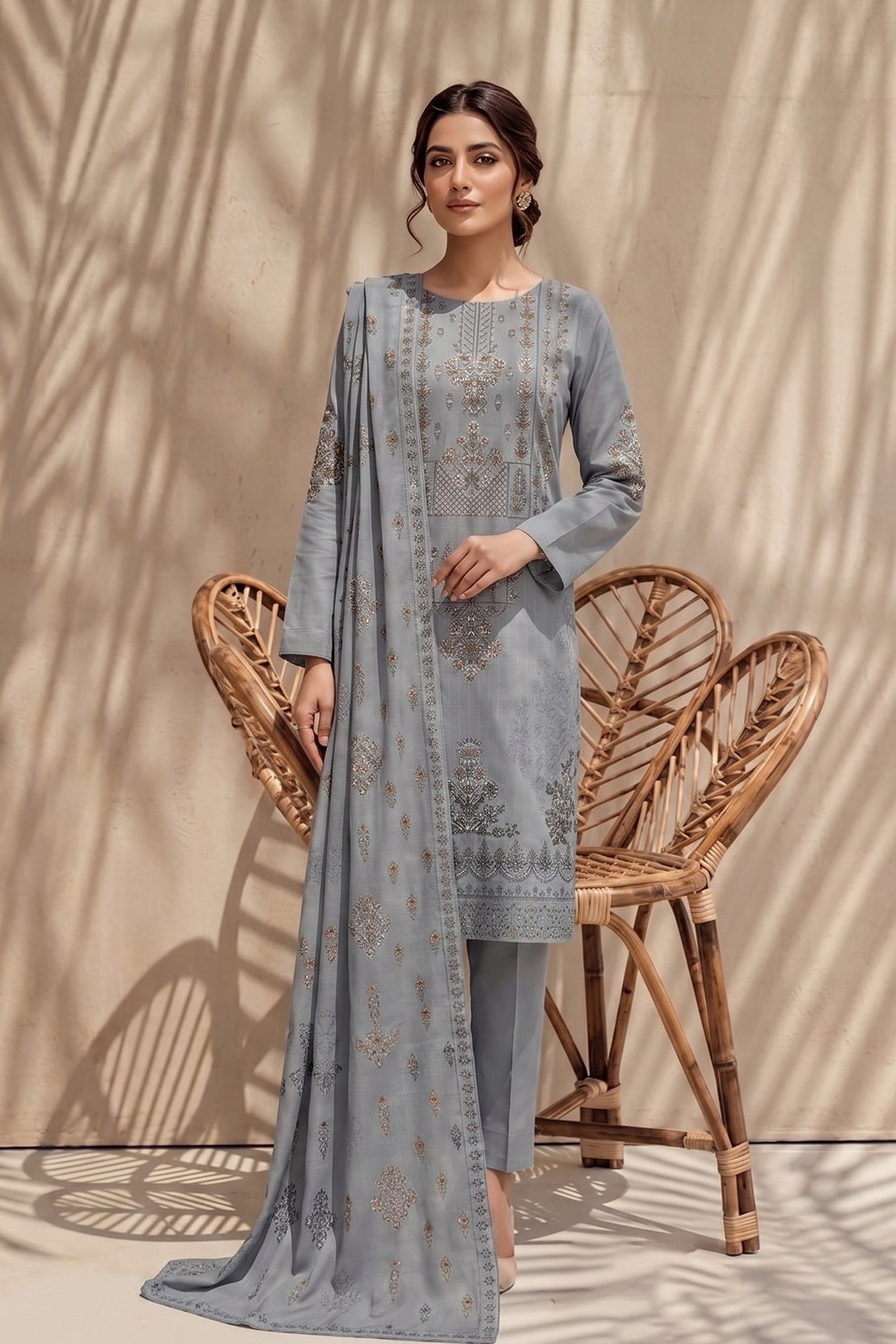 Jasmine by Breeza Fashion - 3PC Unstitched Embroidered Lawn Suit (Gray)