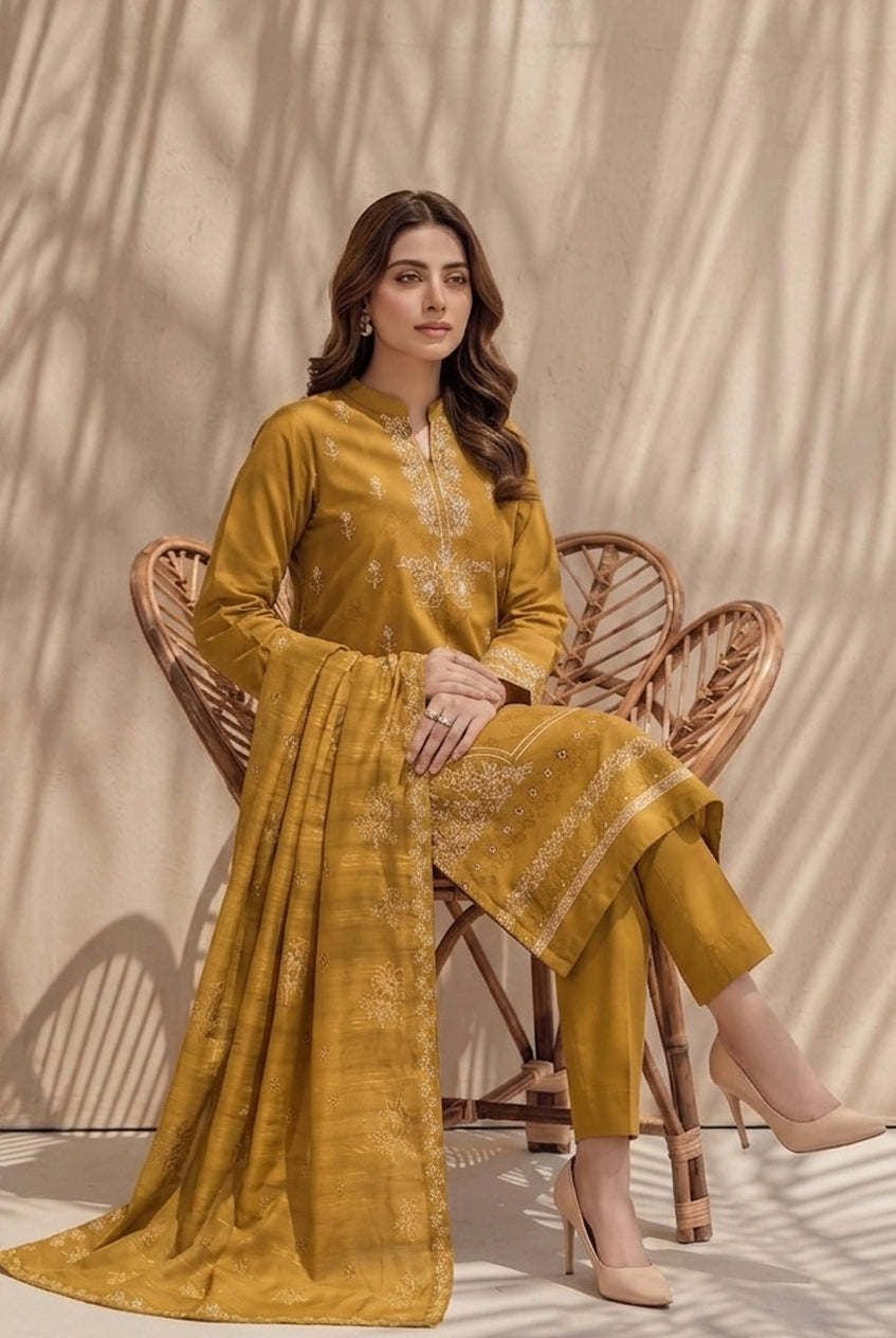 Kinza by Breeza Fashion - 3PC Unstitched Embroidered Lawn Suit (Mustard)