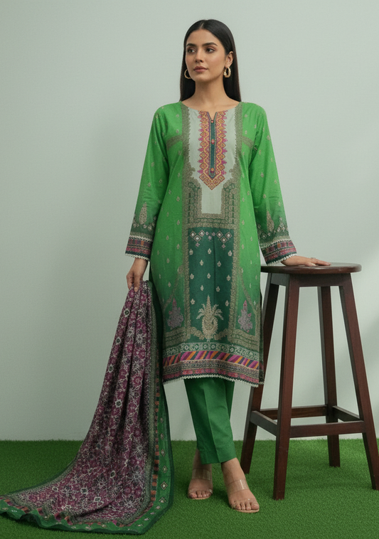Zellbury Emerald Green Printed 2-Piece Suit (Shirt & Dupatta)