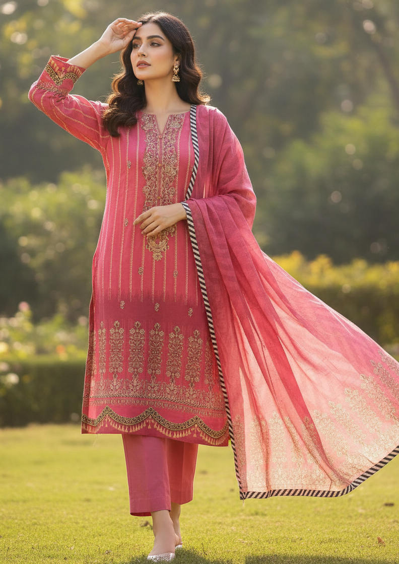 Zellbury Rose Pink Embroidered 2-Piece Suit (Shirt & Dupatta)