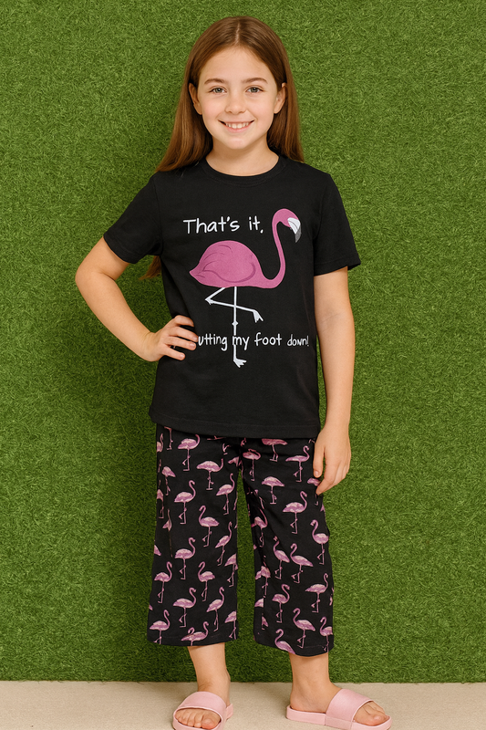Girl wearing a black t-shirt with a flamingo graphic and text, standing against a green background.