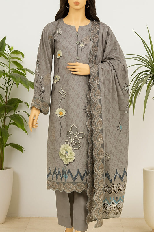 Gray embroidered outfit with a matching dupatta on a mannequin against a white background.