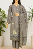 Gray embroidered outfit with a matching dupatta on a mannequin against a white background.