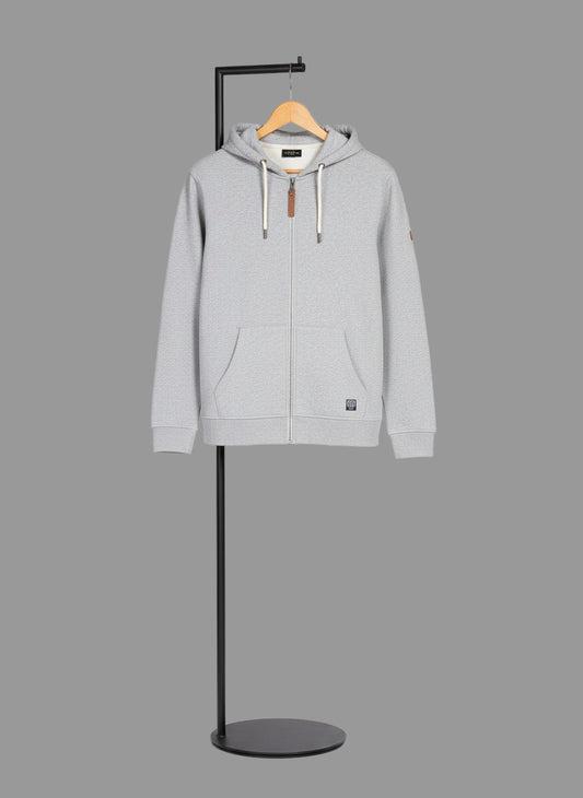 Gray hoodie on a black stand against a gray background