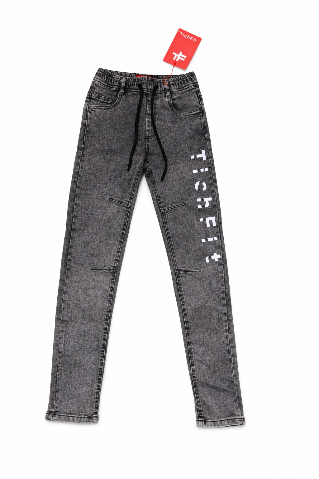 Gray jeans with white text on a white background