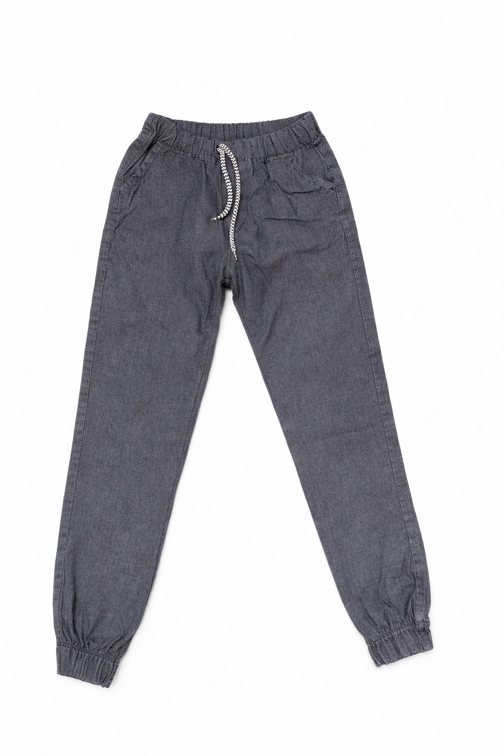 Gray jogger pants with a drawstring on a white background