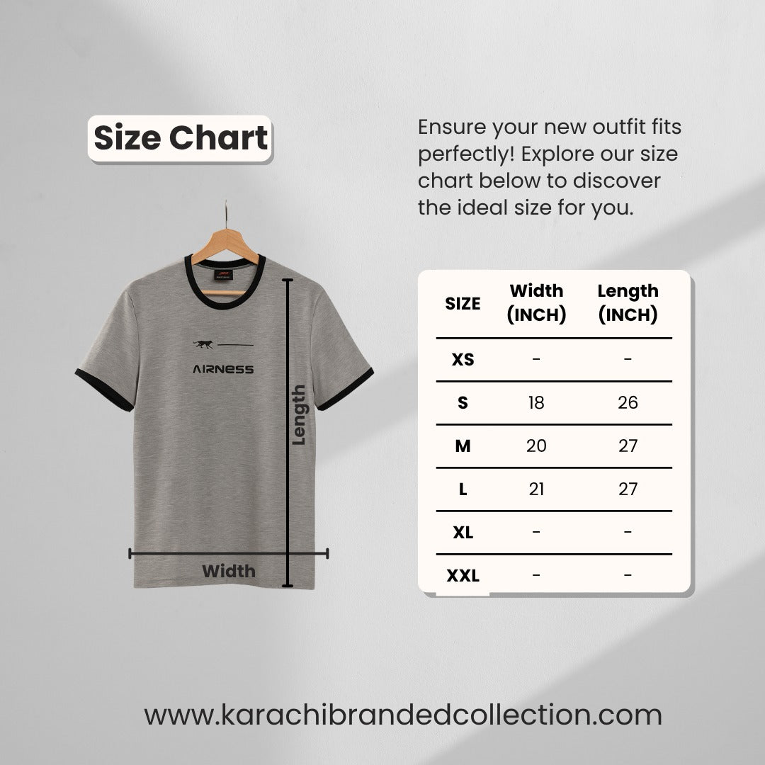 Gray t-shirt with black accents on a hanger next to a size chart and text about ensuring the right fit.