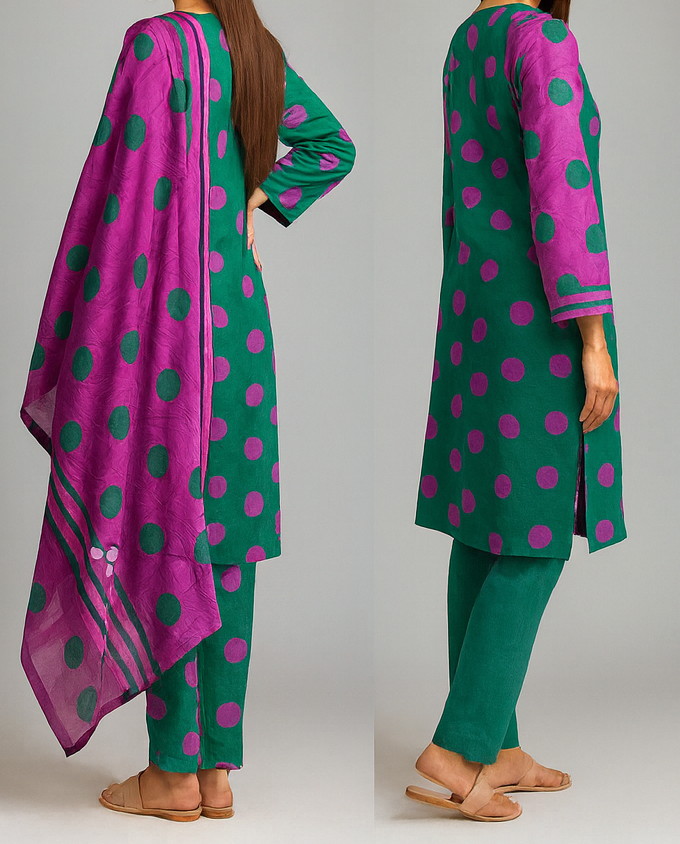 Green and purple polka dot outfit with a matching dupatta on a gray background