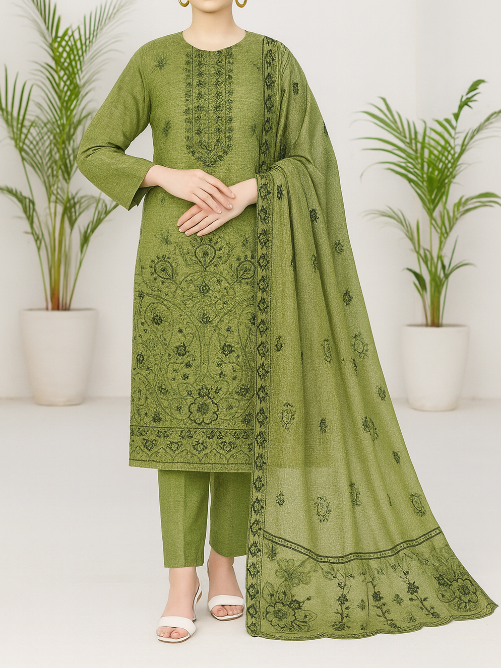 Green embroidered outfit with dupatta against a white background