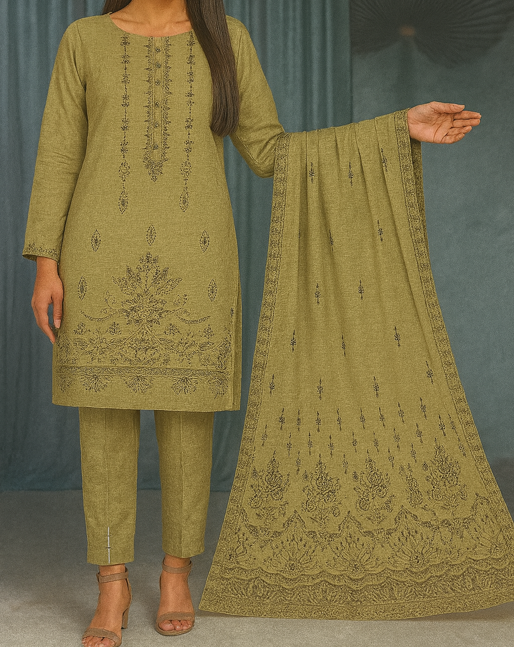 Green embroidered traditional outfit with dupatta on a gray background