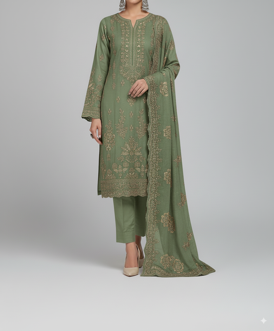 Green embroidered traditional outfit on a white background