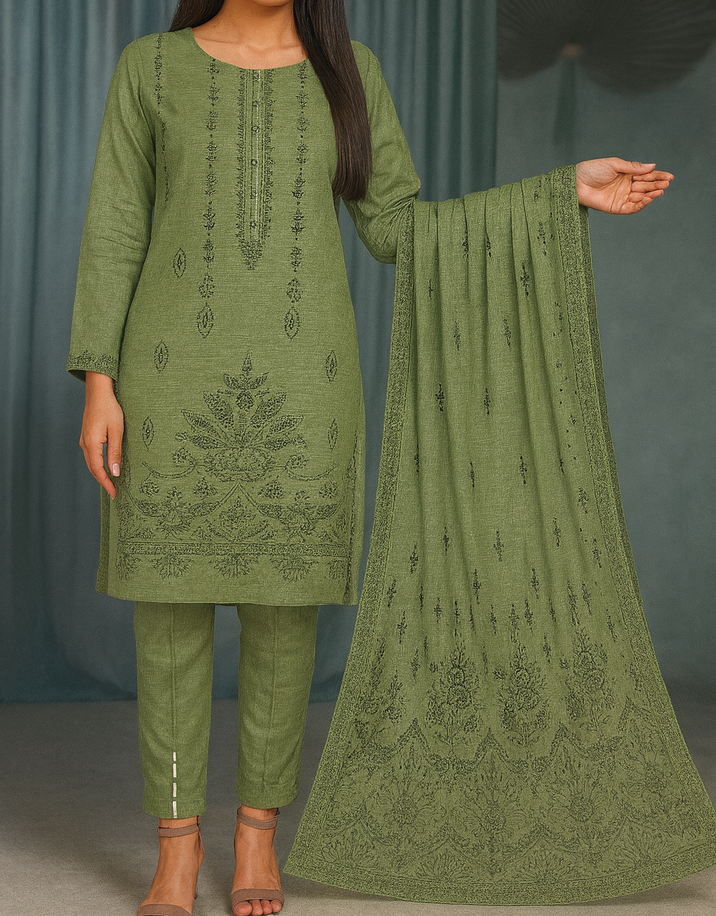 Green embroidered traditional outfit with dupatta on a gray background