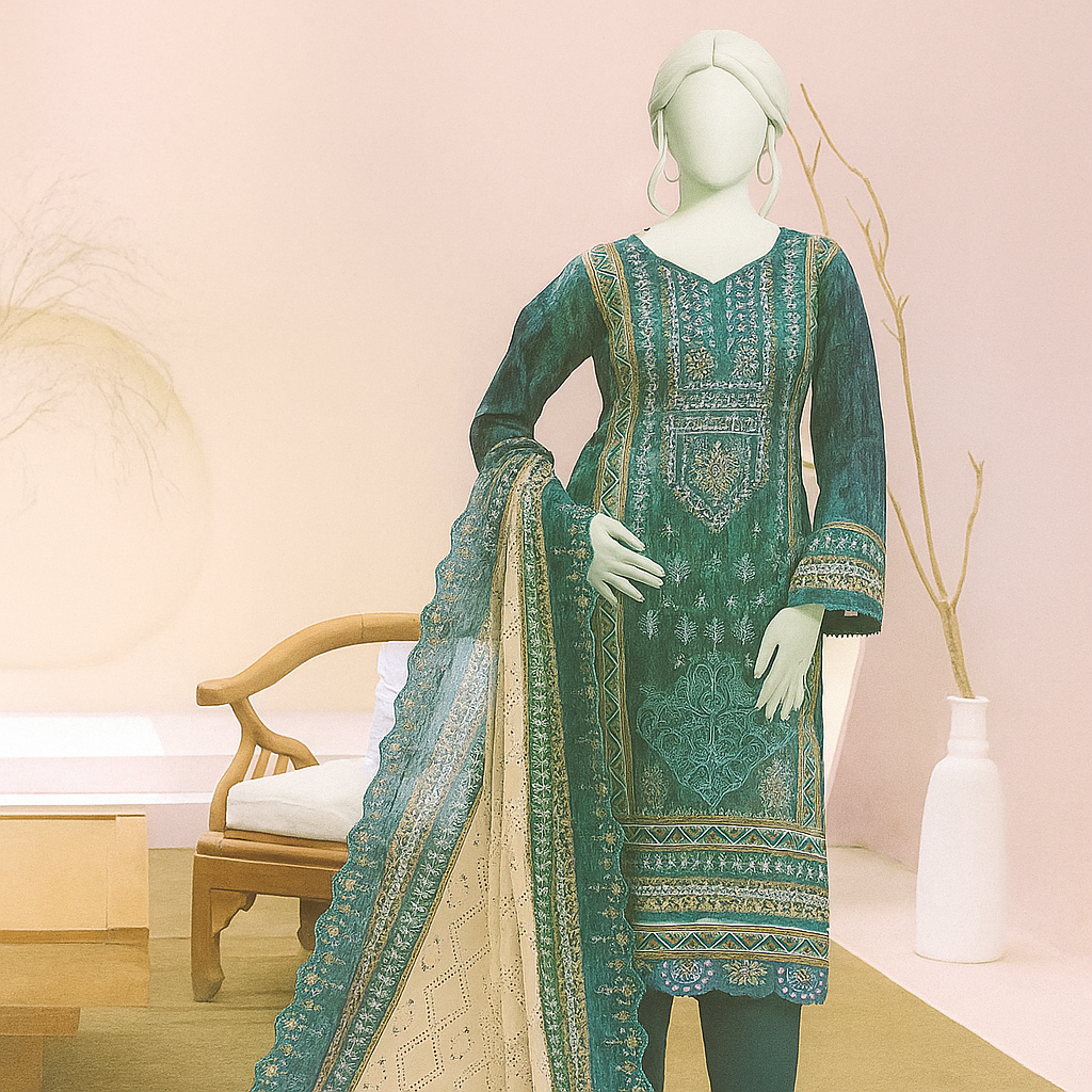 Green embroidered traditional outfit on a mannequin with a neutral background