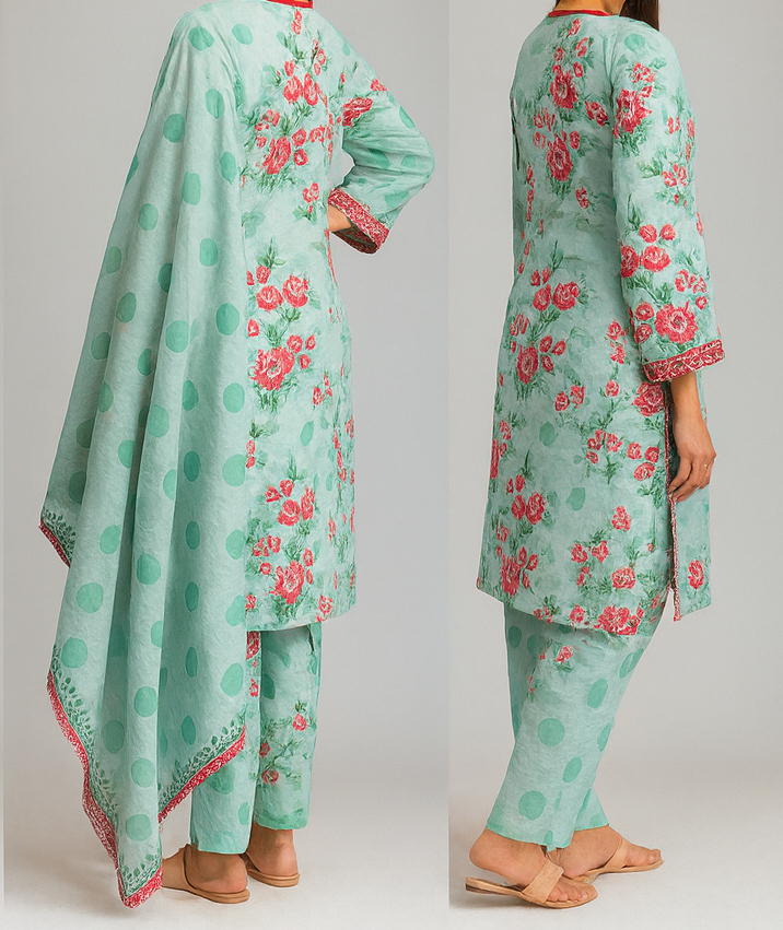 Green floral outfit with matching dupatta on a plain background