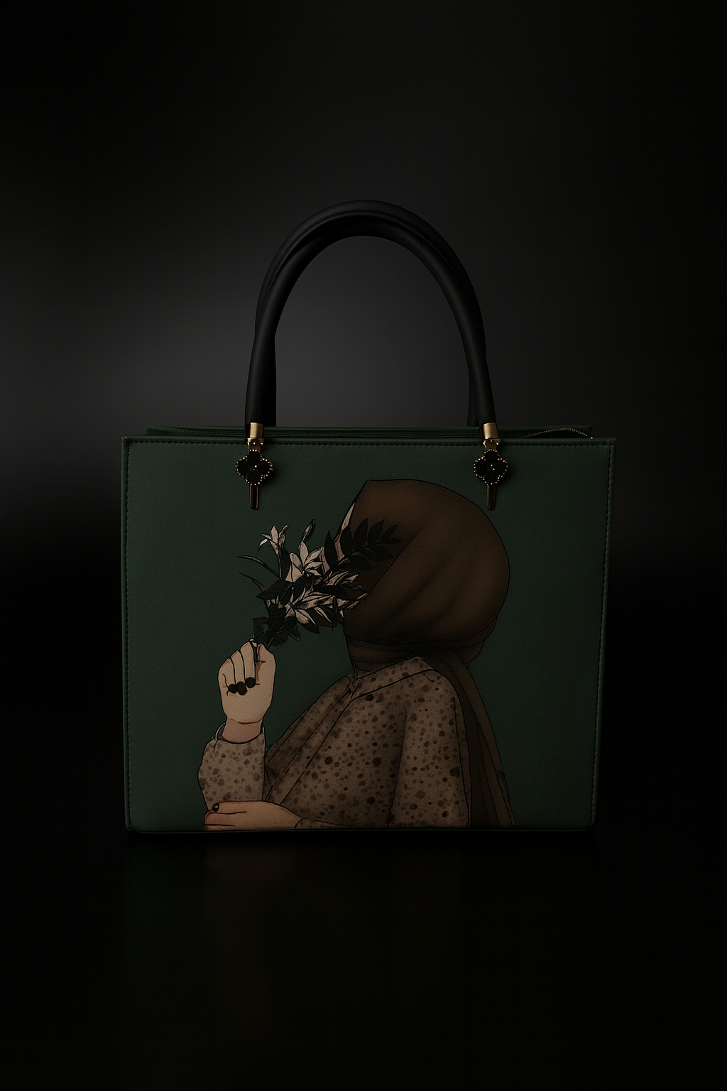 Green handbag with a design of a person holding a flower against a black background