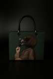 Green handbag with a design of a person holding a flower against a black background