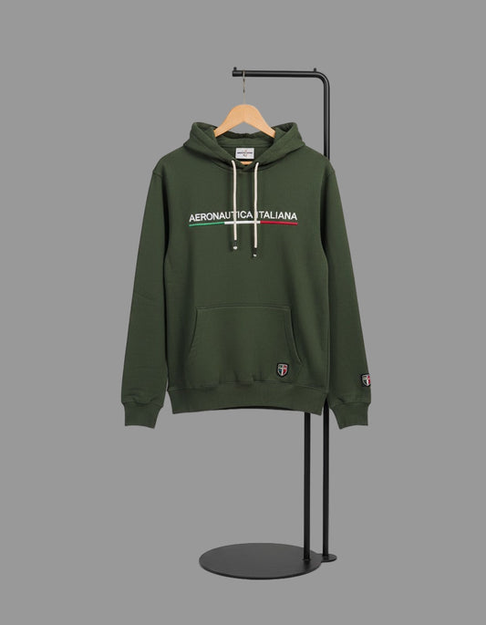 Green hoodie with brand logo on a gray background