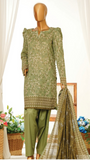 Green printed MTJ traditional outfit with dupatta on a mannequin against a white curtain background.