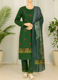 Green traditional outfit with floral patterns on a mannequin against a white curtain background.