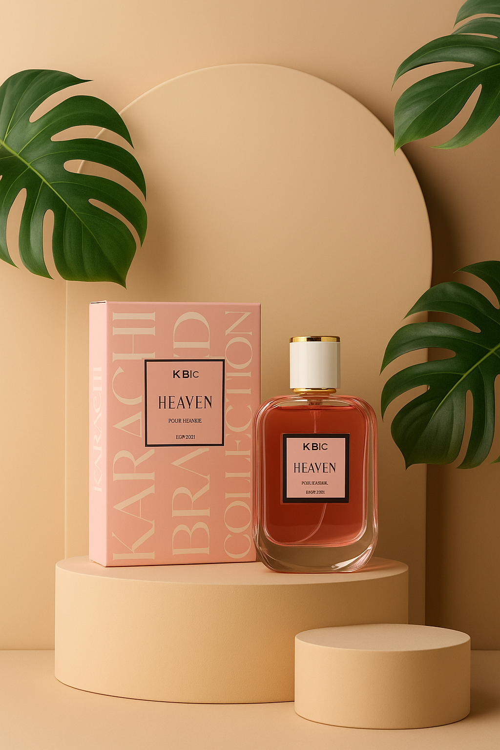 KBC Heaven perfume bottle and packaging on a beige platform with green leaves