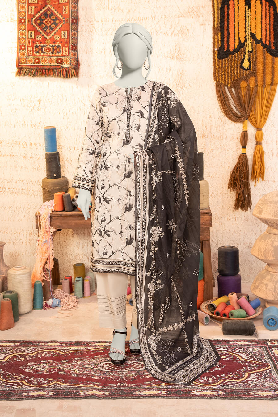 Almeerah Estiva – Premium Digital Three Piece Suit (Cream rust)