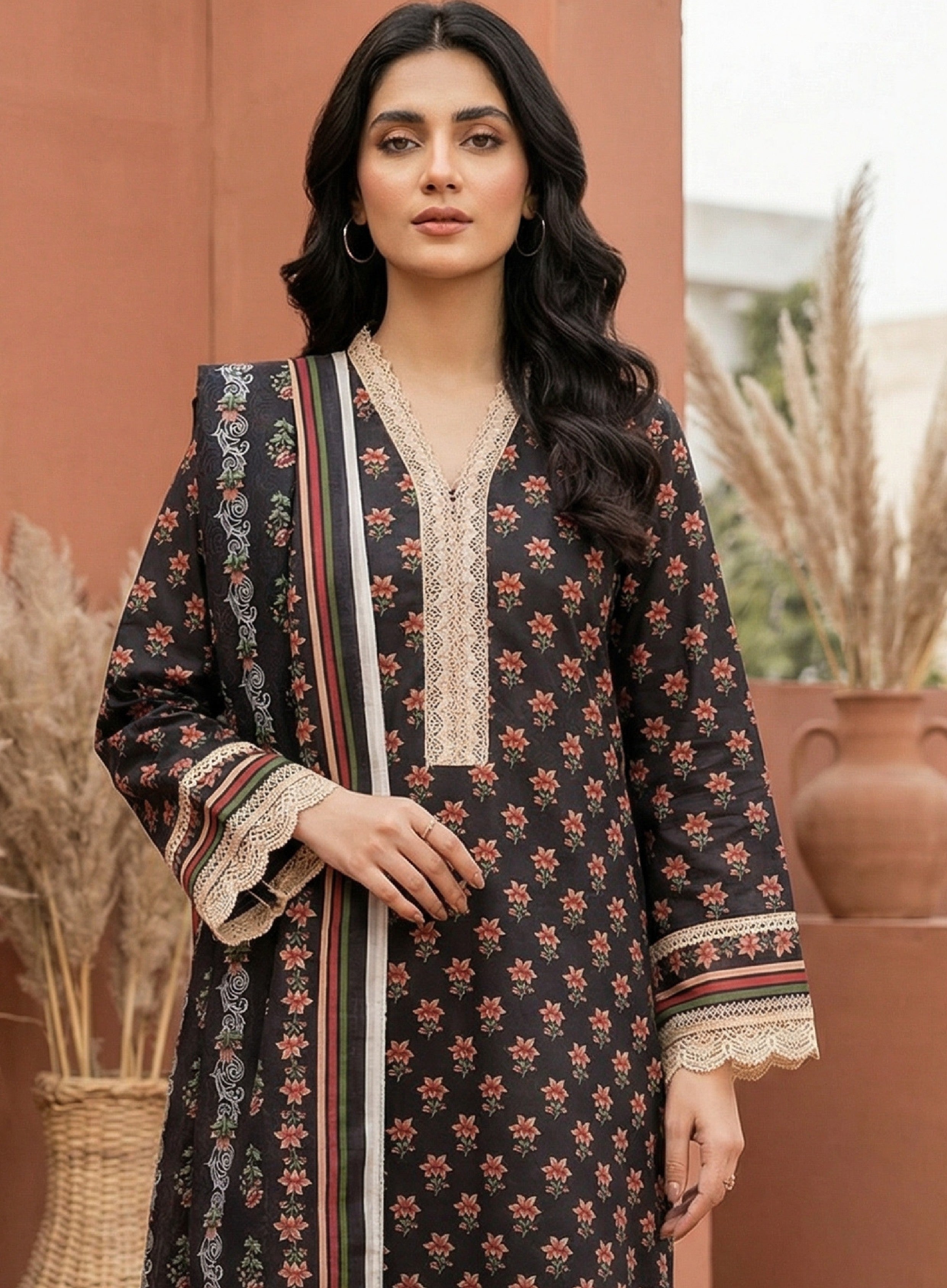 Keyseria By Jaffrani-3PC Unstitch Lawn (Black & Multi)