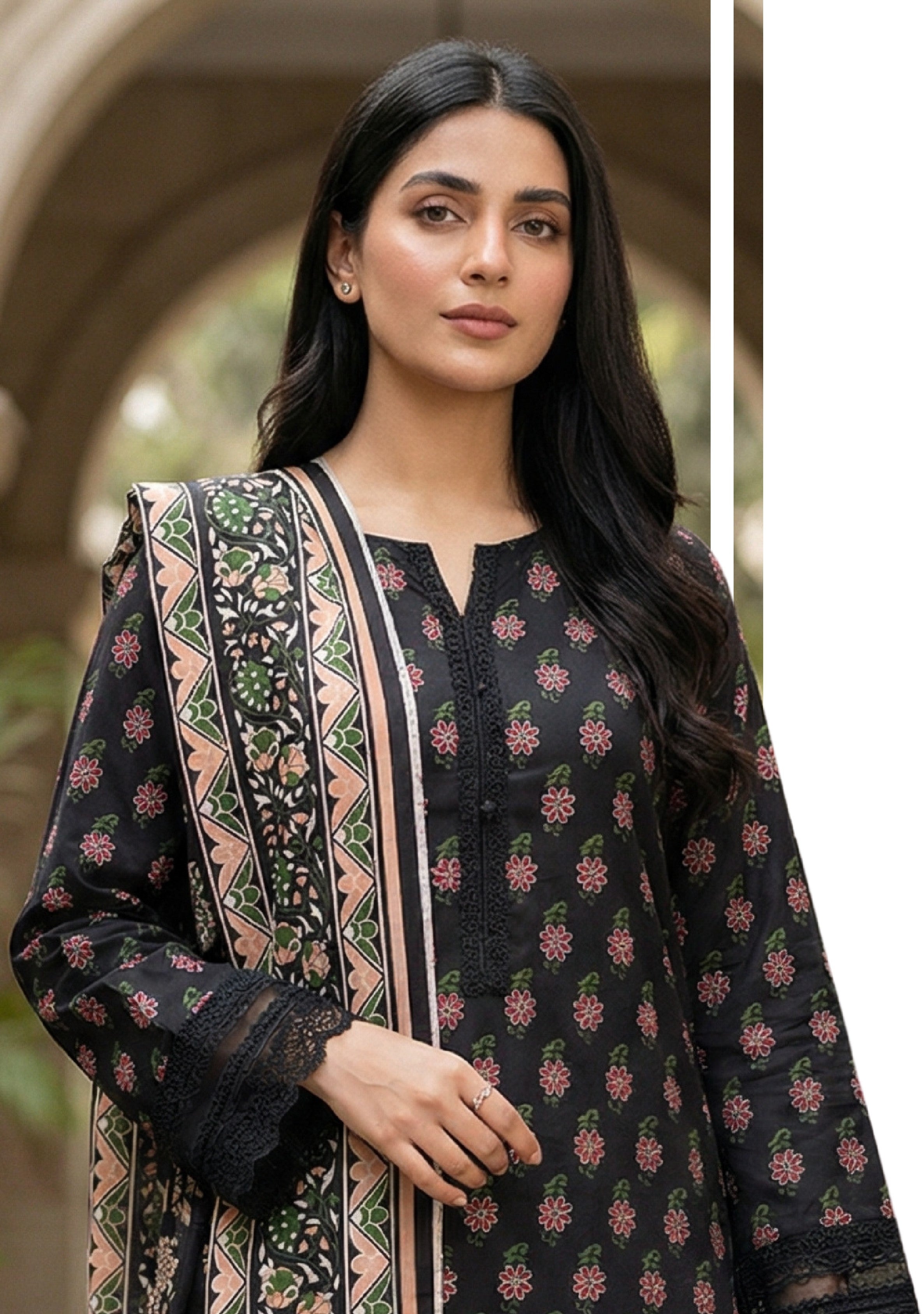Keyseria By Jaffrani-3PC Unstitch Lawn (Black & Red)