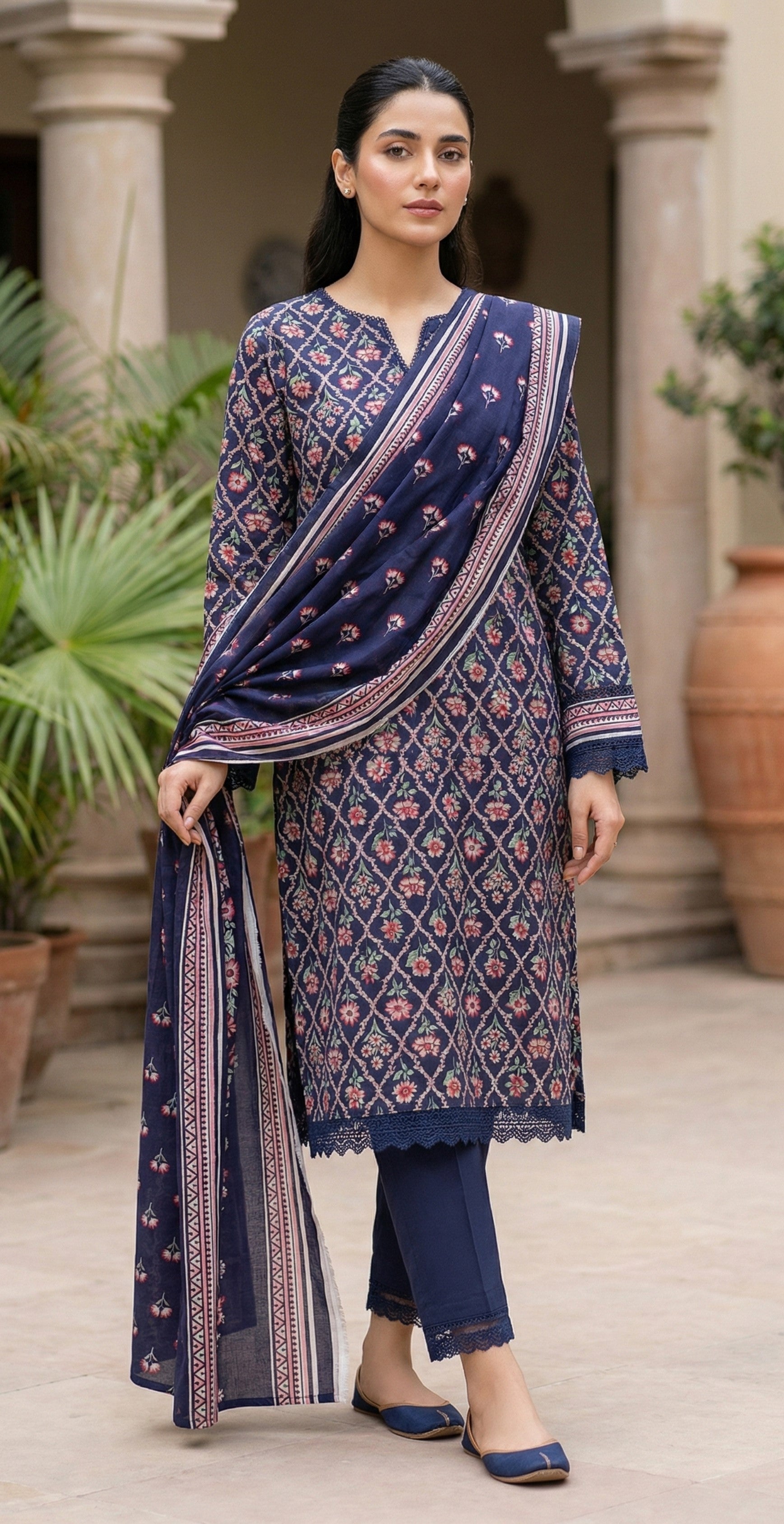 Keyseria By Jaffrani-3PC Unstitch Lawn (Navy blue)
