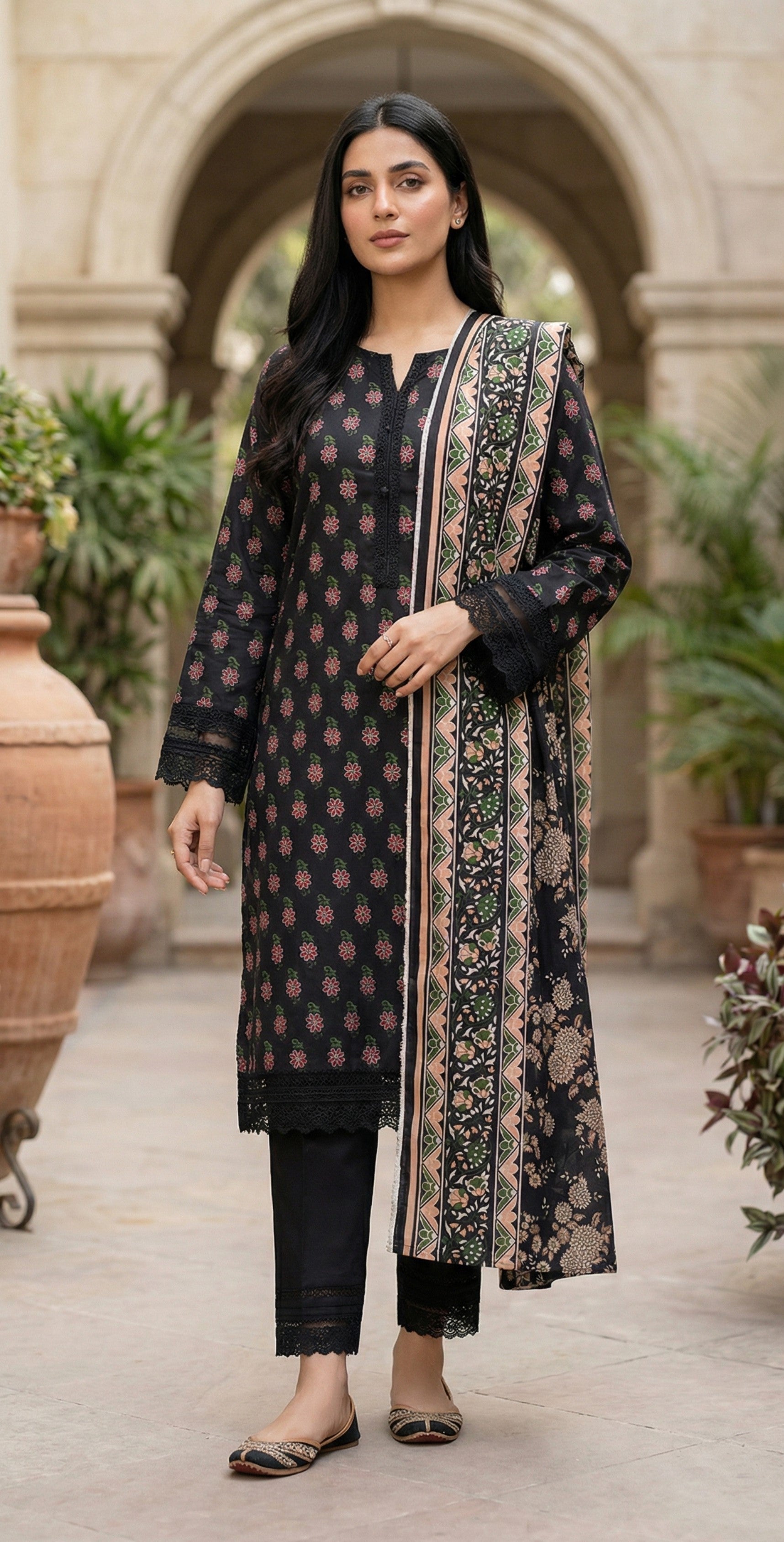 Keyseria By Jaffrani-3PC Unstitch Lawn (Black & Red)