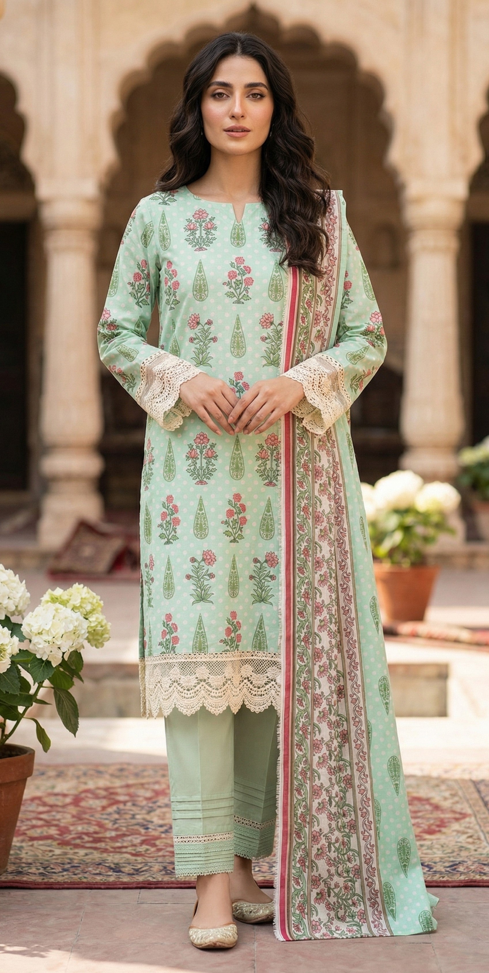 Keyseria By Jaffrani-3PC Unstitch Lawn (Mint Green)